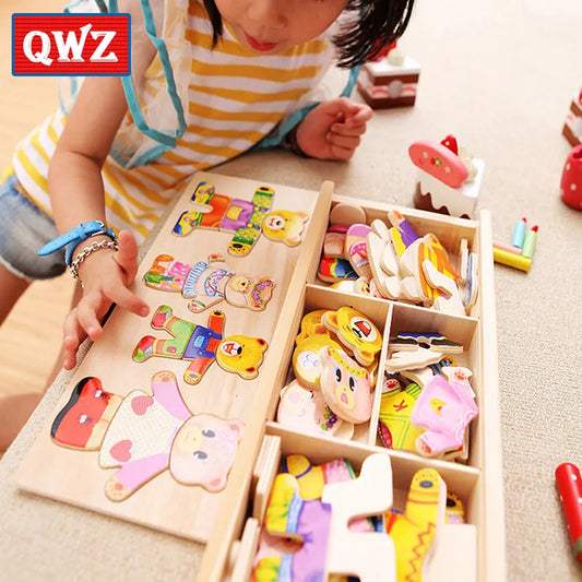 QWZ Little Bear Change Clothes Children's Early Education Wooden Jigsaw Puzzle